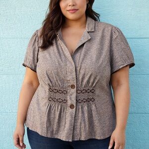 Smocked Waist Embroidered Button Front Top Linen Cotton Brown Short Sleeve SZ 1X